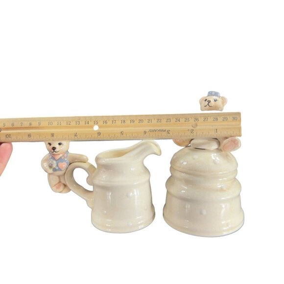1980s Ceramic Sugar And Creamer Set 2 With Cute Whimsical Teddy Bear On Top - Picture 8 of 15